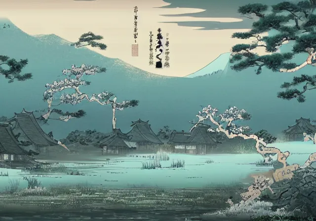 Image similar to ancient Japanese beautiful landscape mode concept art high realism