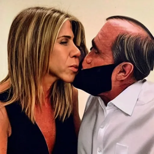 Image similar to photo of Jair Bolsonaro kissing Jennifer Aniston, realistic