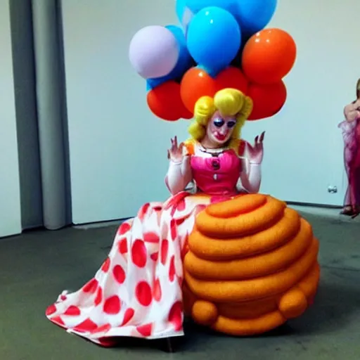 Image similar to princess peach cosplaying as a hamburger, a clown cries in the background, cuil = 5