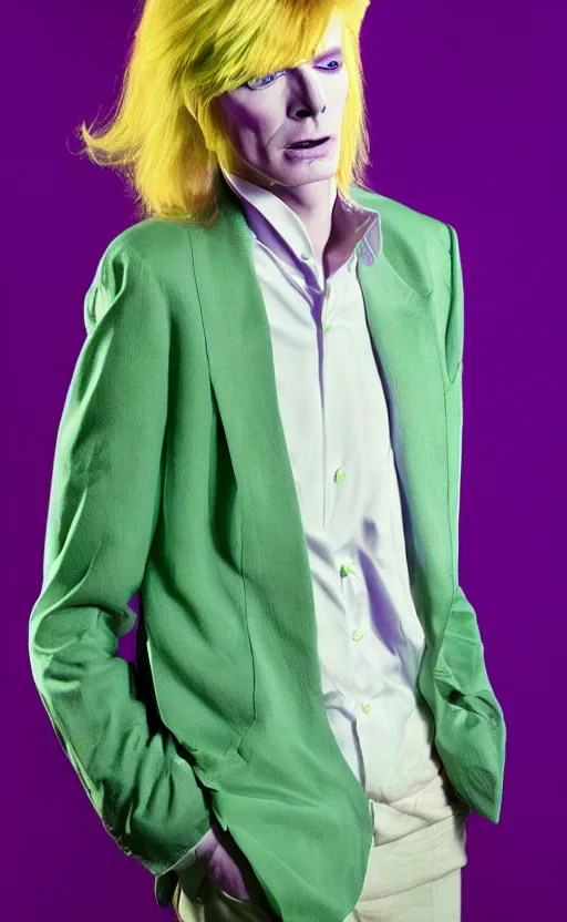 Image similar to a realistic photo of blond David Bowie in purple jacket and light green shirt, studio photography , dark grey background, softly backlit, gentle smoke effect, photo courtesy Museum of art