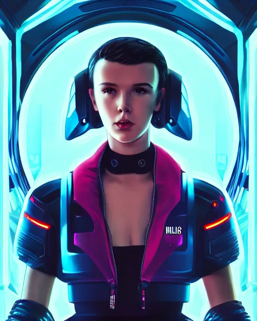 Image similar to cyberpunk millie bobby brown as a robot by rossdraws