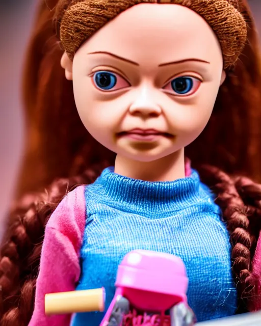 Image similar to high quality presentation photo of a cute greta thunberg barbie doll, photography 4k, f1.8 anamorphic, bokeh, 4k, Canon, Nikon