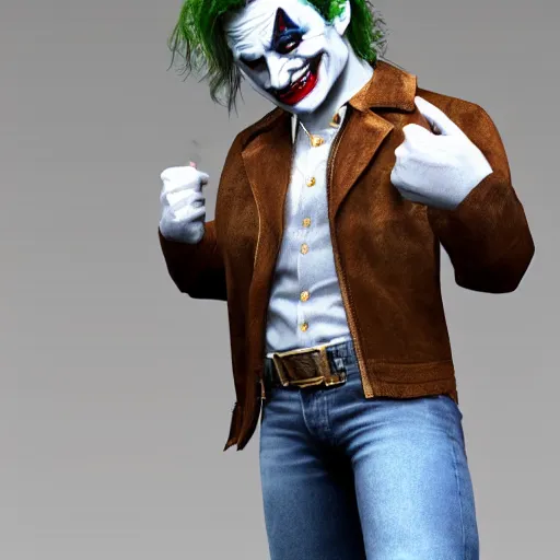 Prompt: 3 d render of a photorealistic human troll face with joker makeup wearing a suede leather jacket blue jeans, 8 k, very detailed, very intricate, white background,