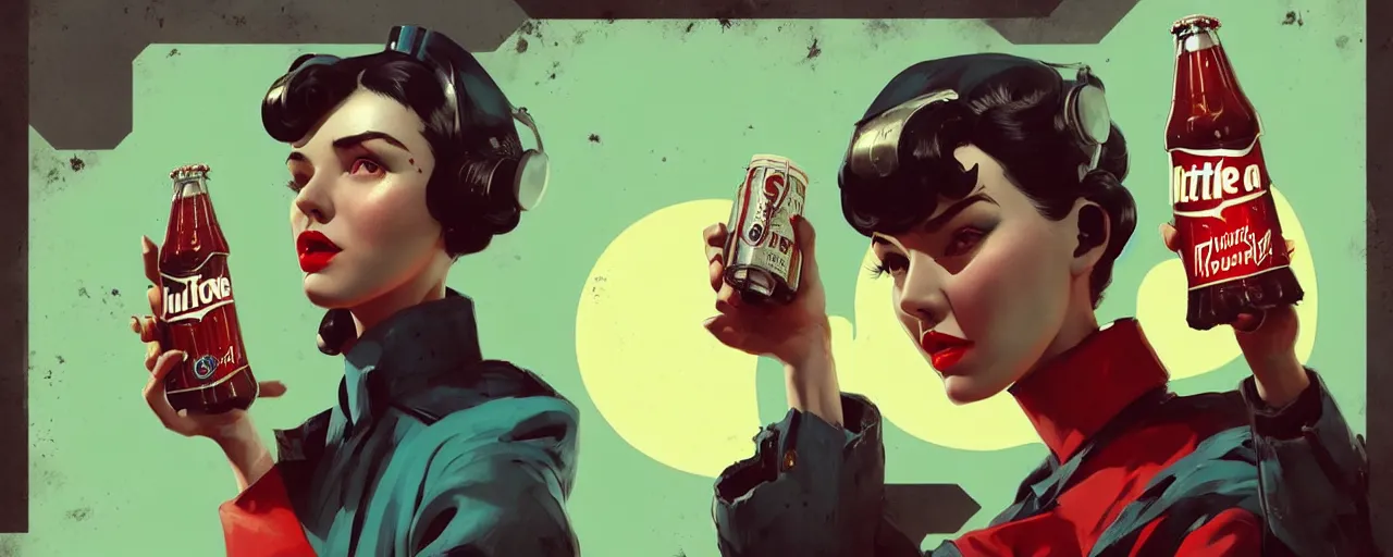 Image similar to duotone noir concept illustration 3 / 4 portrait of female vintage model from fallout 4 advertising nuka cola. accidental renaissance. by sachin teng and sergey kolesov and ruan jia and heng z. graffiti art, scifi, fantasy, hyper detailed. octane render. concept art. trending on artstation