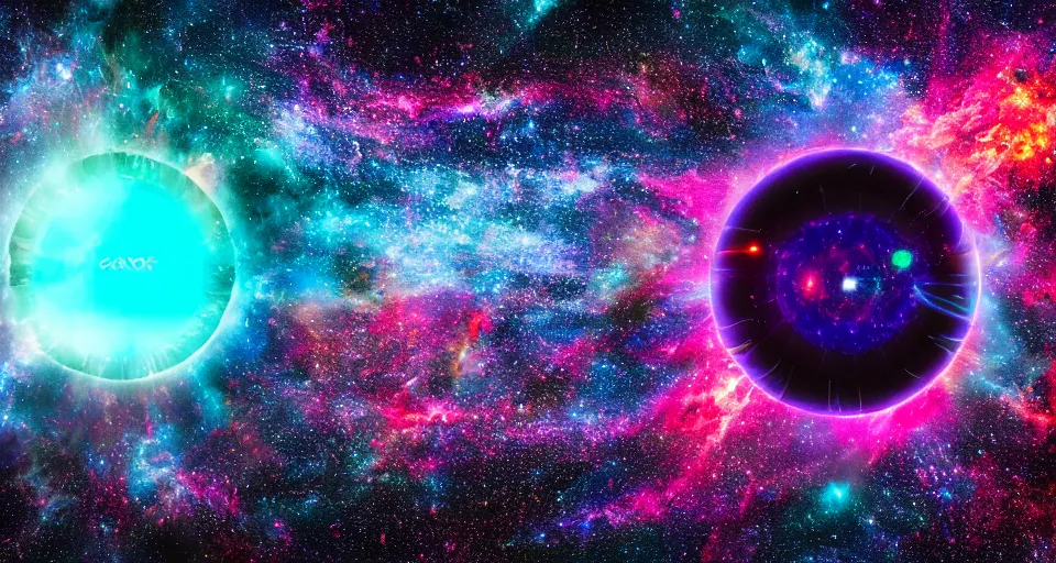 Prompt: a cosmic portal to the gigantic mystic colorful robotic being in the middle of the universe, stylized, 8k, cinematic, hyper-detailed, imax quality