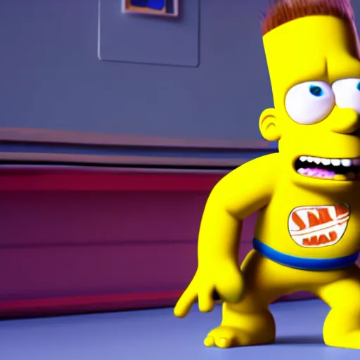 Image similar to film still of Bart Simpson in Monster Inc from Pixar, octane render, volumetric, raytracing, trending on artstation