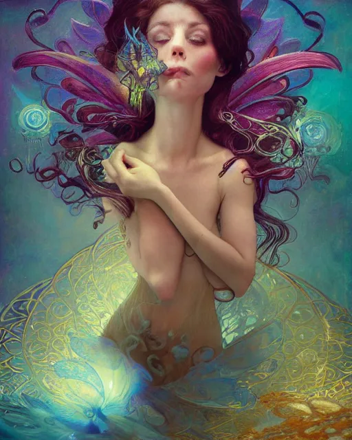 Image similar to the most wonderful fairy dream you ever had, coherent design, symmetry, concept art, trending on artstation vivid color, complementary color, golden ratio, detailed, sharp lines, intricate, rainbowshift, by james gurney, by brian froud, by peter mohrbacher, by alphonse mucha, by maxfield parrish, by karol bak, deviantart, octane render