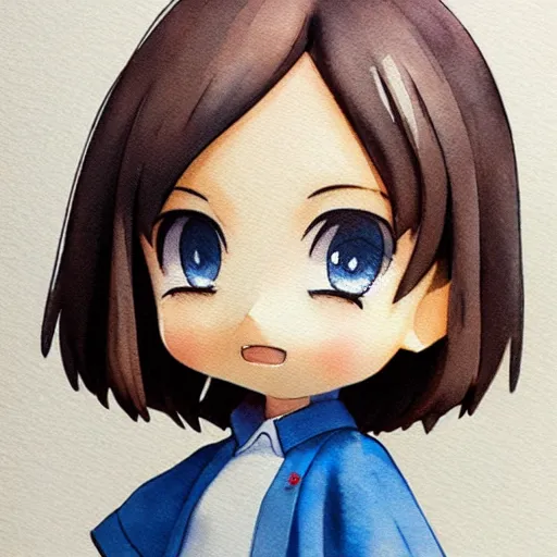 Prompt: high quality portrait watercolor painting of nendoroid cute girl by hayao miyazaki , medium close-up