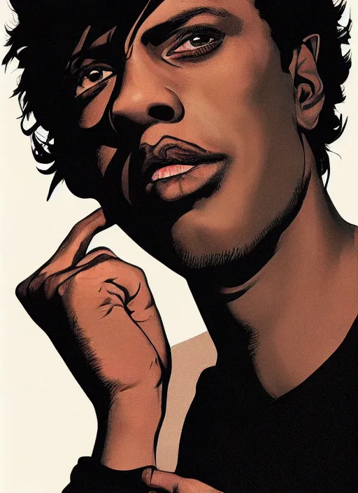 Image similar to portrait of a young man with black hair wearing a black turtleneck. scars on his body. young man brown skin. art by martin ansin, martin ansin artwork. portrait.