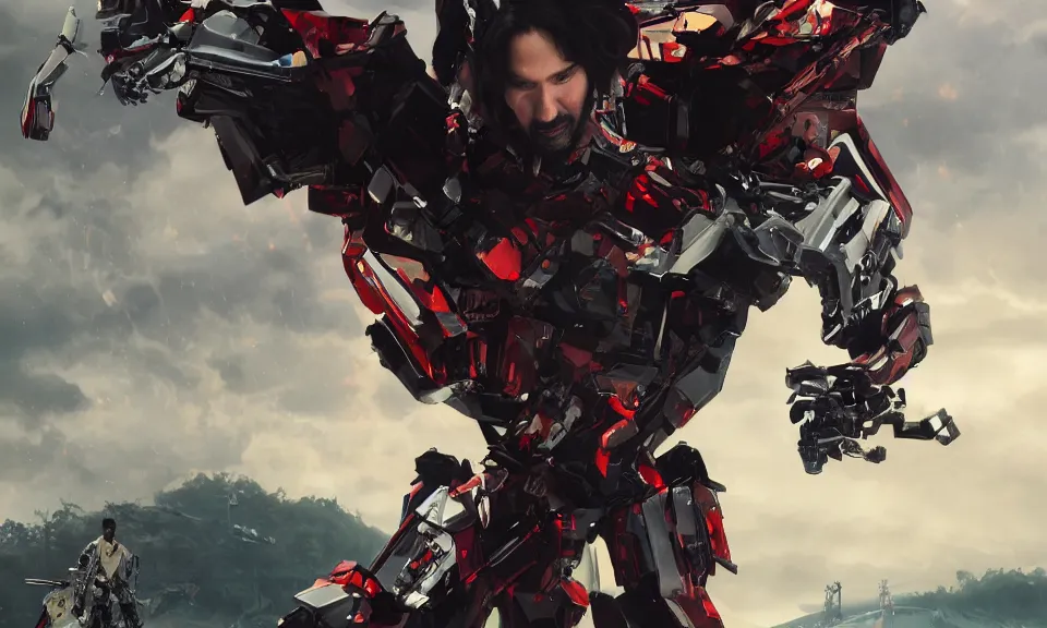Image similar to Keanu Reeves Fight giant robots ,featured in cinematic, elegant, intricate,highly detailed,artstation,illustration, 8k