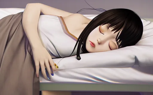 Image similar to little girl with an long black hair dressed in a simple white dress sleeping, anime art style, digital art ilya kuvshinov, inspired by balthus, hd, 4 k, hyper detailed, top view