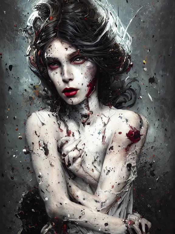 Image similar to a photorealistic splatterpunk portrait of a gorgeous model with shadowy eyes and bonewhite hair, with black glossy lips, hyperrealistic, award - winning, 8 k, in the style of tom bagshaw, cedric peyravernay, peter mohrbacher