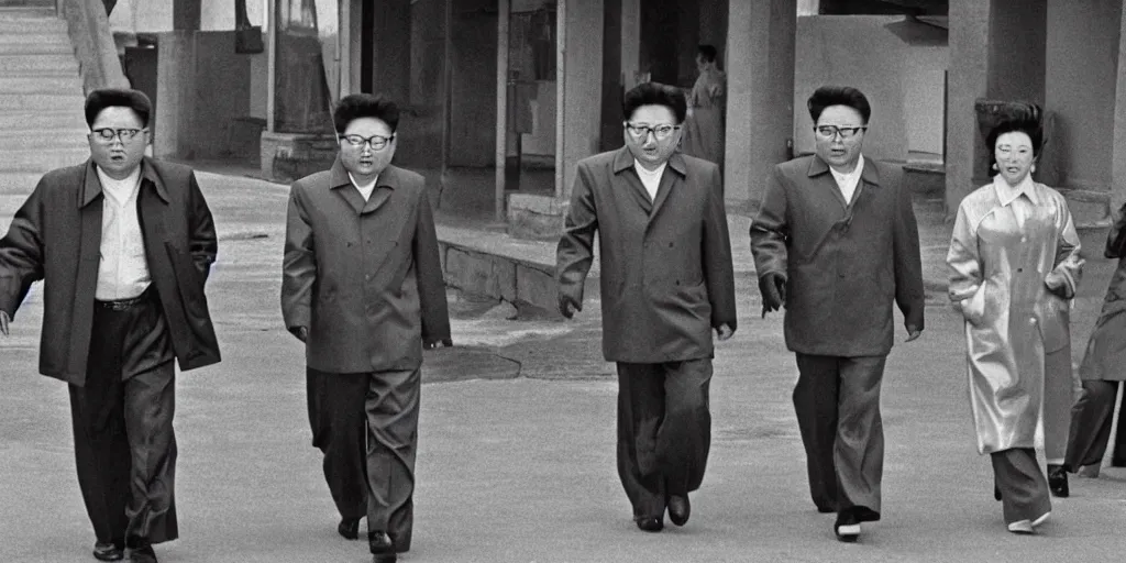 Image similar to kim jong - il walking in 1 9 6 0 s pyongyang, epic thriller in the style of ghost in the shell by mamoru oshii