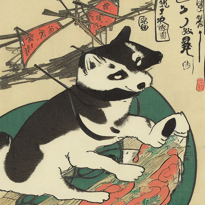 Prompt: a shiba inu samurai eating a bowl of rice, artwork on loan from the historical dog society of japan, by Utagawa Kuniyoshi