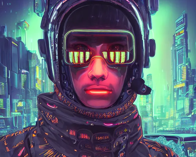 Image similar to detailed portrait neon guard man with short brown hair seen from the back, cyberpunk futuristic, reflective puffer jacket, black leggings, decorated with traditional ornaments in front of a dystopian crowd with piles of garbage perfect face, fine details, realistic shaded, fine - face, pretty face by rossdraws