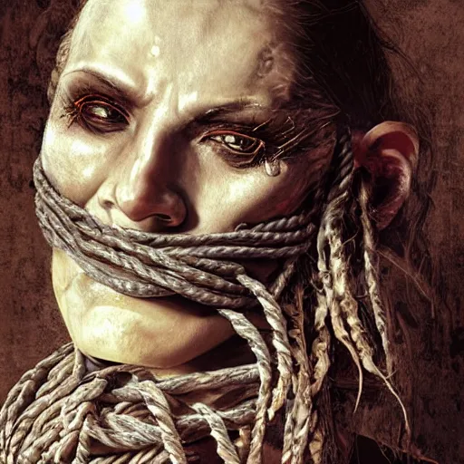 Prompt: portrait of a Shibari rope wrapped face and neck, headshot, insanely nice professional hair style, dramatic hair color, digital painting, of a old 17th century, old cyborg merchant, mouth wired shut, amber jewels, baroque, ornate clothing, scifi, realistic, hyperdetailed, chiaroscuro, concept art, art by Franz Hals and Jon Foster and Ayami Kojima and Amano and Karol Bak,