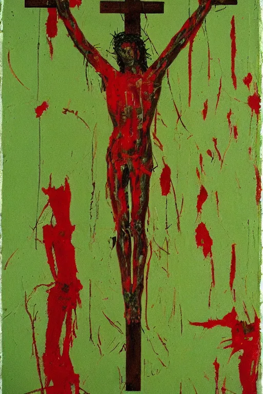 Image similar to green background with bloody christ crucified painted by cy twombly and andy warhol