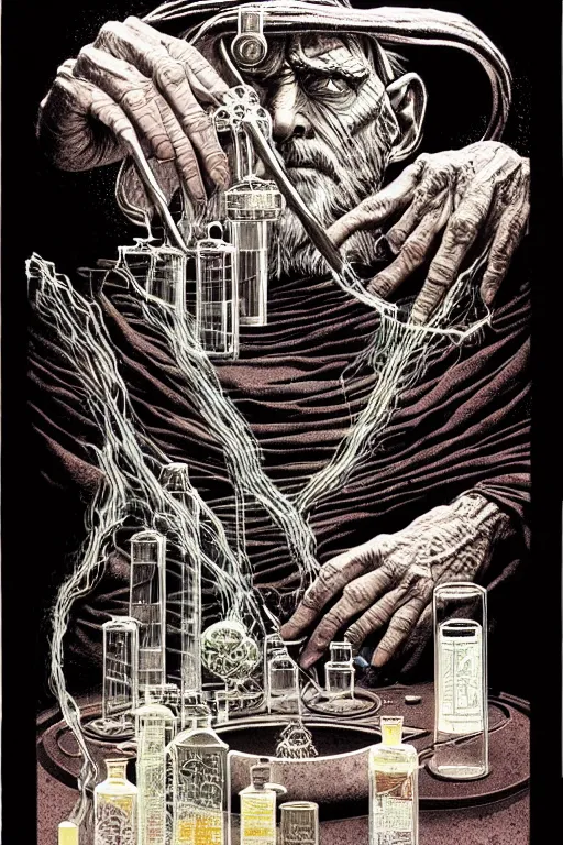 Image similar to ancient cloaked wizards mixing potions in his laboratory, high details, intricately detailed, by vincent di fate, inking, 3 color screen print, masterpiece, trending on artstation,, sharp, details, hyper - detailed, hd, 4 k, 8 k