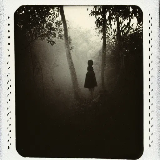 Image similar to an ancient evil-girl devouring the human souls on a mysterious Colombian jungle, mist, 1910 polaroid photography, grainy film, Black and white