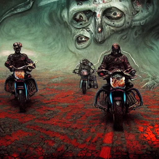 Image similar to motorbikers race in hell, horror art, purple and green hour, by beksinski, szukalski, giger, pyromallis, dzo, iris compiet, seb mckinnon, digital art, highly detailed, intricate, sharp focus, trending on artstation hq, deviantart, pinterest, unreal engine 5, 4 k uhd image