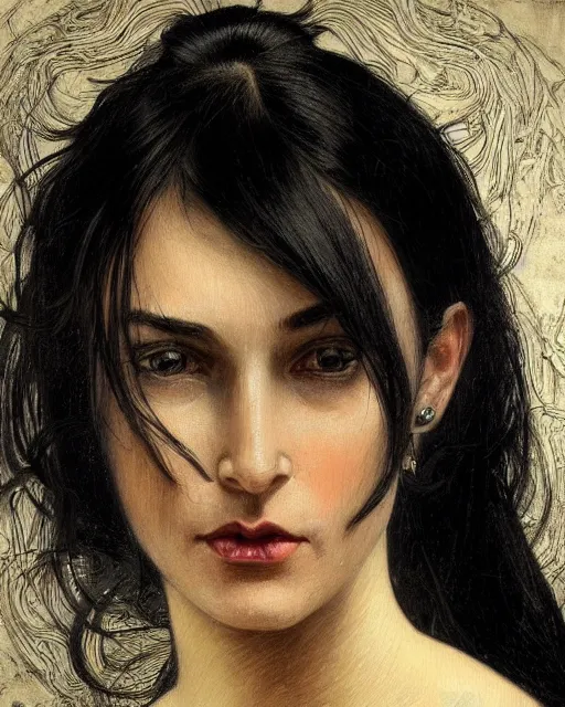 Prompt: portrait of a tall 4 0 - year - old woman with thin lips, long, lush black hair gathered on the head, and thick eyebrows, wearing in black clothes, aristocratic appearance, hyper realistic face, beautiful eyes, close up, fantasy art, in the style of greg rutkowski, intricate, alphonse mucha, hyper detailed, smooth