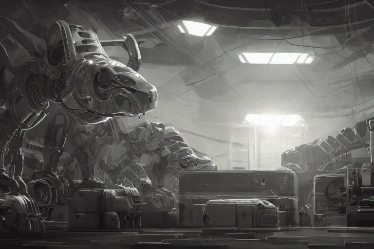 Image similar to robosaurus parallax datacenter server room interior single mono colossus white rusty robot sitting artstation cinematic detailed concept art volumetric light sharp coherent cgsociety symmetric perfect well balanced shadows lotr servers