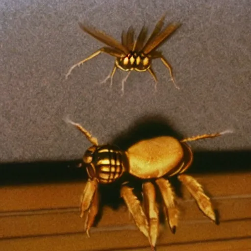 Image similar to Giant golden nuclear hornet, giant hornet, size of a bear, flying through hallway, it kills you instantly, super 8mm photograph