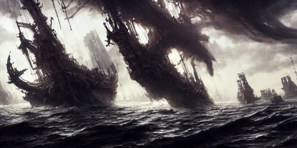 Image similar to A medieval ship flotilla is getting destroyed by a giant kraken monster at sea. In style of Yoji Shinkawa and Hyung-tae Kim, trending on ArtStation, Greg Rutkowski, dark fantasy, great composition, concept art, highly detailed, scenery.