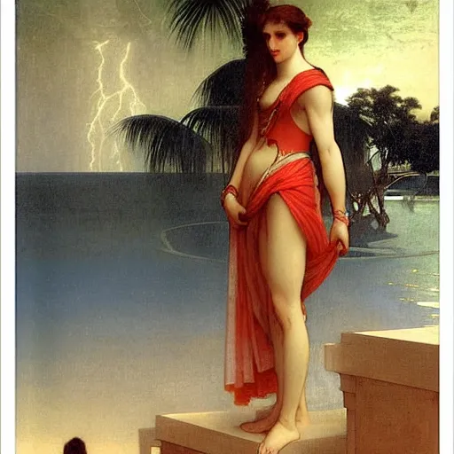 Image similar to Girl with a blood chalice at the palace, thunderstorm, pool, beach and palm trees on the background major arcana sky, by paul delaroche, alphonse mucha and arnold böcklin arnold böcklin hyperrealistic 8k, very detailed