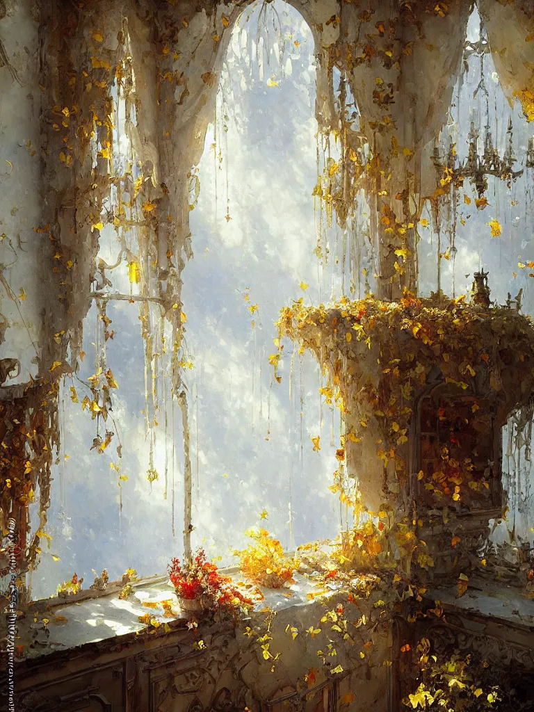 Prompt: cozy fantasy room, amazing impressionistic oil painting by alexi zaitsev, melinda matyas, denis sarazhin, karl spitzweg, intricate details, fractal leaves, tall windows, high quality, visible brush strokes, award winning, sharp focus, cool white