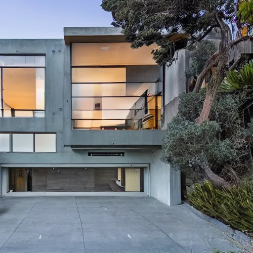 Prompt: a modern concrete mansion on the bluffs overlooking downtown san francisco