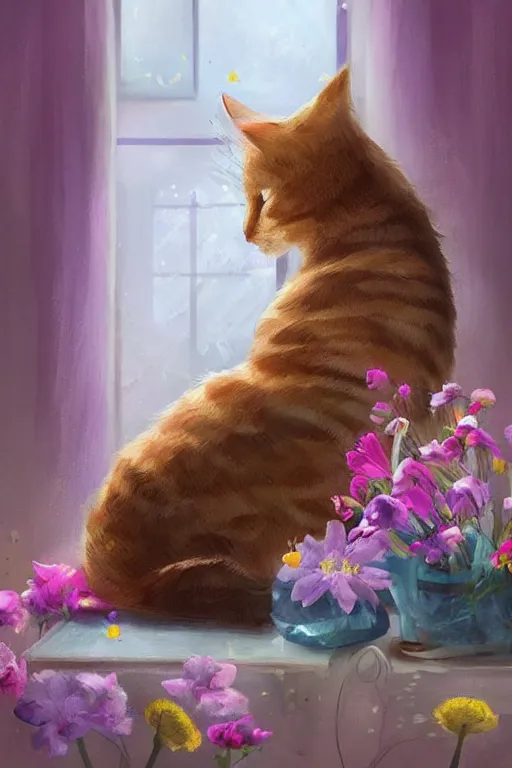 Image similar to a digital art of a cat sleeping in the room with flowers around in the afternoon, the sun shines in, storybook art, detailed, cute, profile shot, featured on artstation