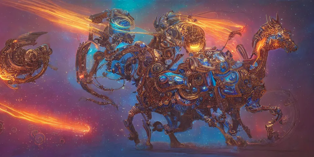 Image similar to cosmic steampunk opal mechanical horse, character design sheet, monster hunter illustrations art book, iridescent, blue flame, neon lights, armored, moebius, greg rutkowski, zabrocki, karlkka, jayison devadas, phuoc quan, trending on artstation, 8 k, ultra wide angle, zenith view, pincushion lens effect.