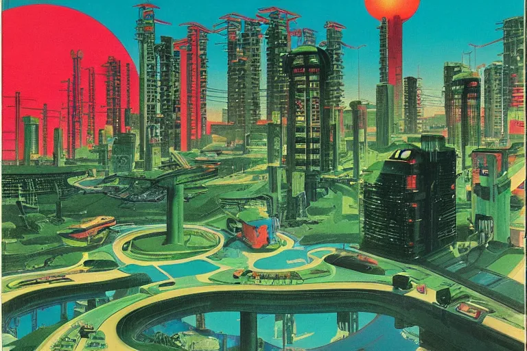 Image similar to 1 9 7 9 omni cover of a lush gated park in the middle of neo - tokyo. art in cyberpunk style by dali, and vincent di fate