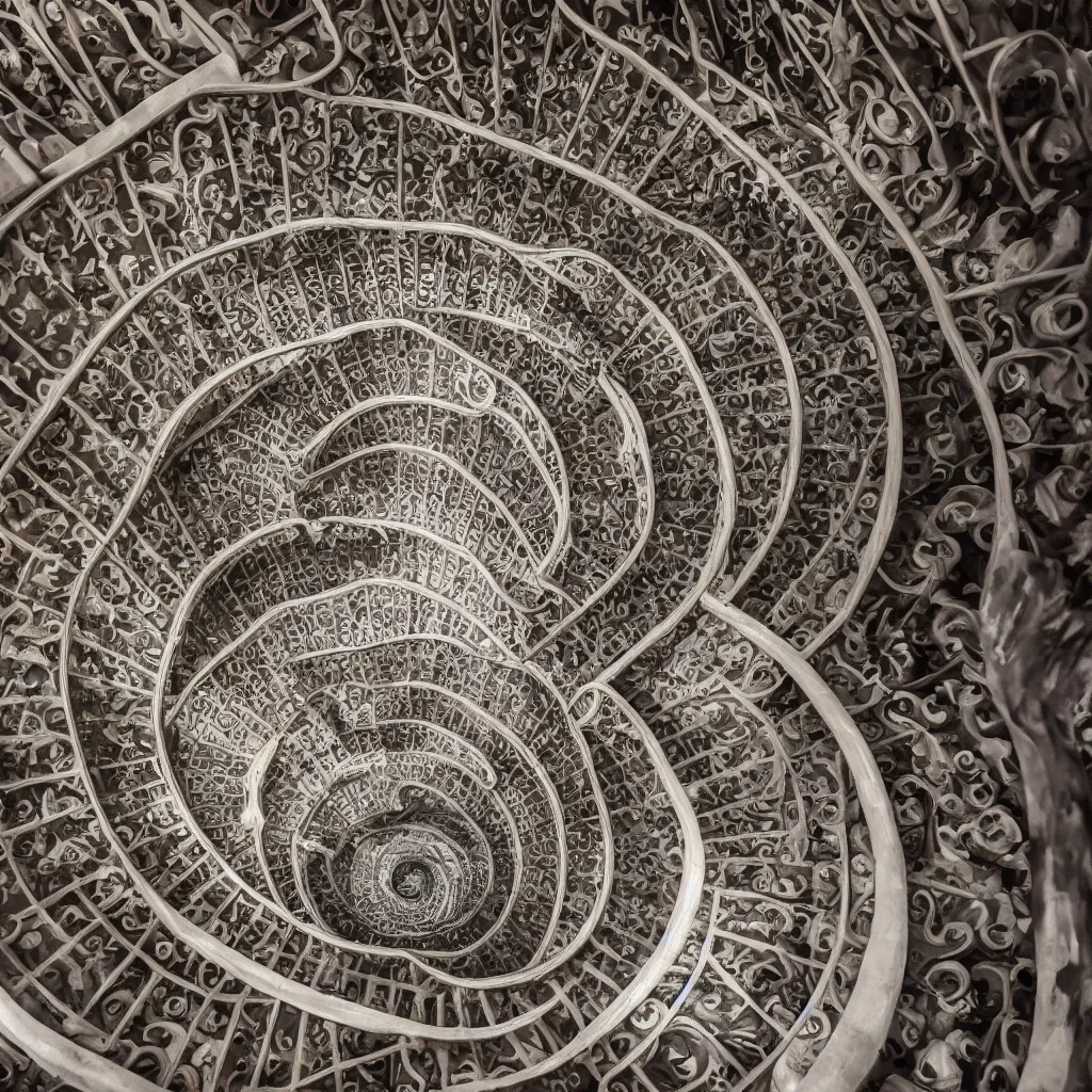 Prompt: grand spiral stairscase going down deep in a hole, by etienne - louis boullee and gaudi, leica, high quality, high detailed