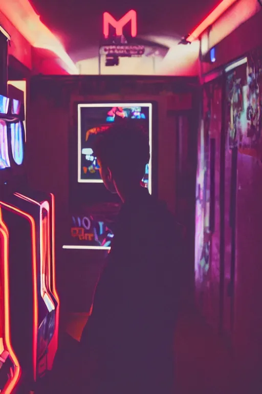 Image similar to agfa vista 4 0 0 photograph of a guy standing in front of an arcade machine, synth vibe, vaporwave colors, lens flare, moody lighting, moody vibe, telephoto, 9 0 s vibe, blurry background, grain, tranquil, calm, faded!,