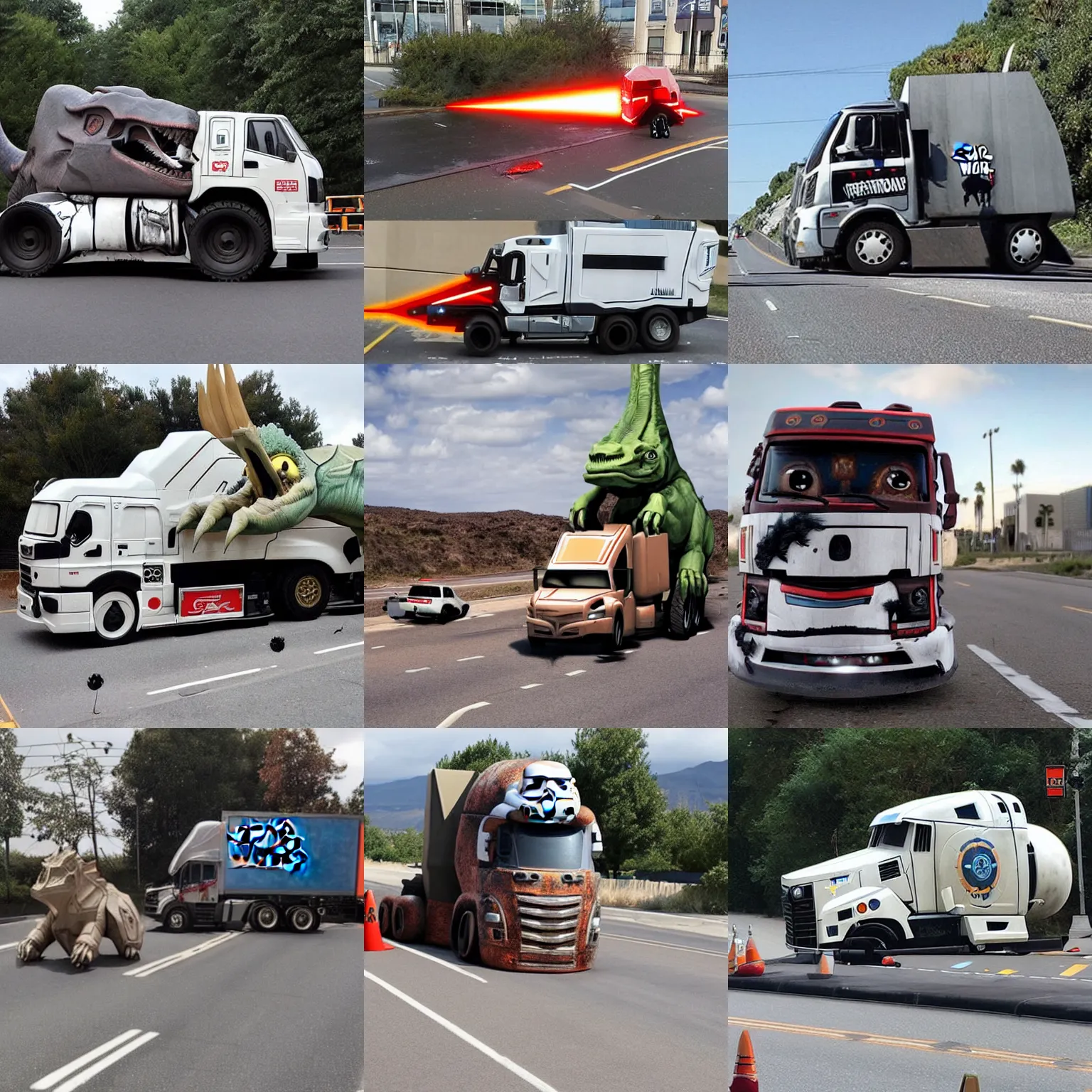 Prompt: a star wars truck that crashed and turned into a dinosaur crossing the road