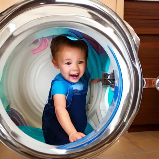 Prompt: Toddlers playing in a violently spinning washing machine