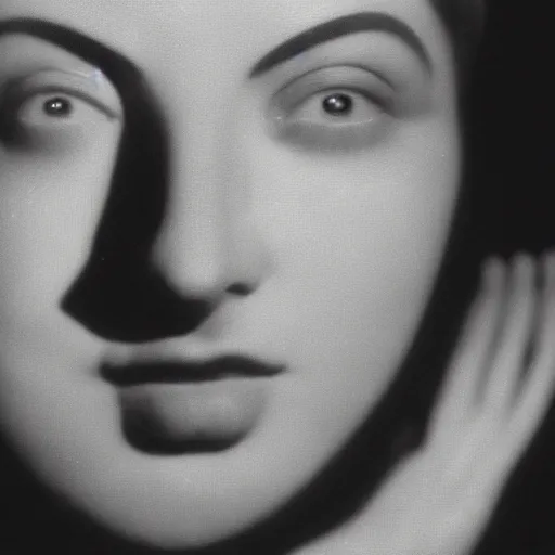 Image similar to close - up portrait of a mysterious woman with light and shadow on her face, by dora maar and man ray and lee miller, 1 9 3 4, photography, side lighting, cinematic lighting, very aesthetic, beautiful, light and shadow, masterpiece, black and white, tri - x 4 0 0