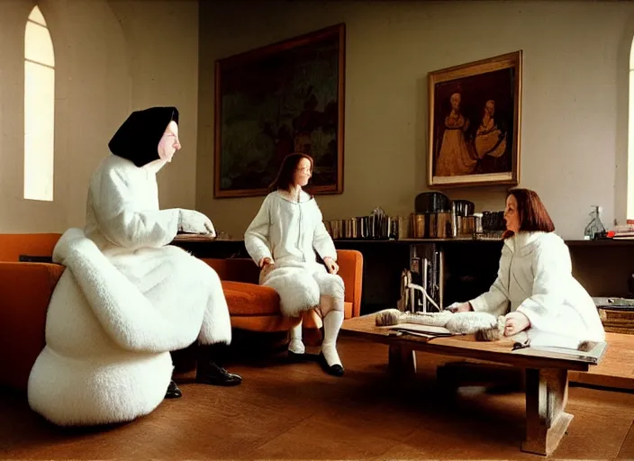 Image similar to realistic photo of a two medieval female scientists wearing white cotton jackets, watching at a levitating fluffy furry cloud, living room laboratory interior is made of wood 1 9 9 0, life magazine reportage photo, natural colors