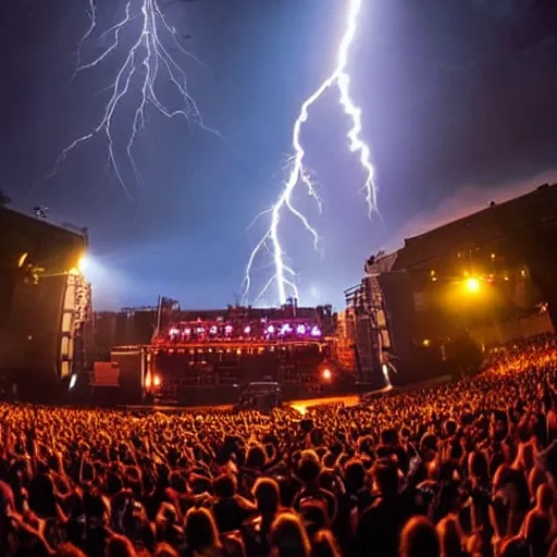 Image similar to rock concert in a city at night with a lightning bolt hitting a bell on top of the stage, signs that say ac / dc