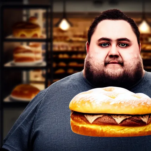 Prompt: Close up portrait of a chubby man with a bakery the background. Photorealistic. Award winning. Dramatic lighting. Intricate details. UHD 8K. He looks guilty.