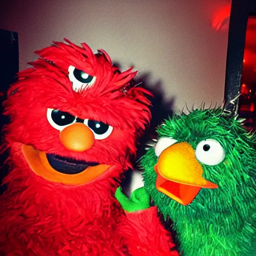 Prompt: selfie of elmo out clubbing with big bird and oscar the grouch