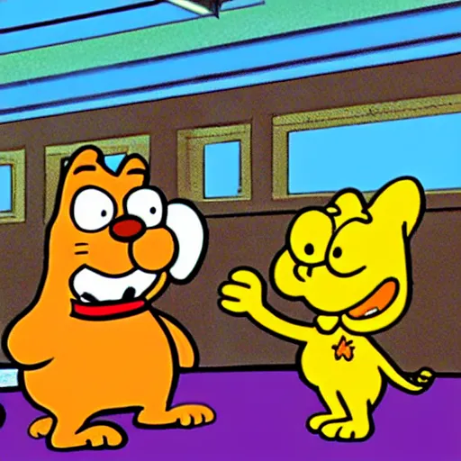 Prompt: garfield points a gun at odie, panel from garfield comic strip, illustrated by jim davis