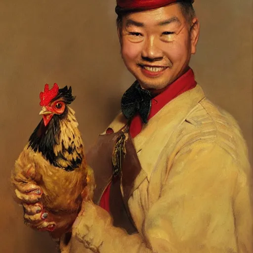 Image similar to portrait of an asian man dressed as a chicken, the chicken man, highly detailed painting by gaston bussiere, craig mullins, j. c. leyendecker 8 k