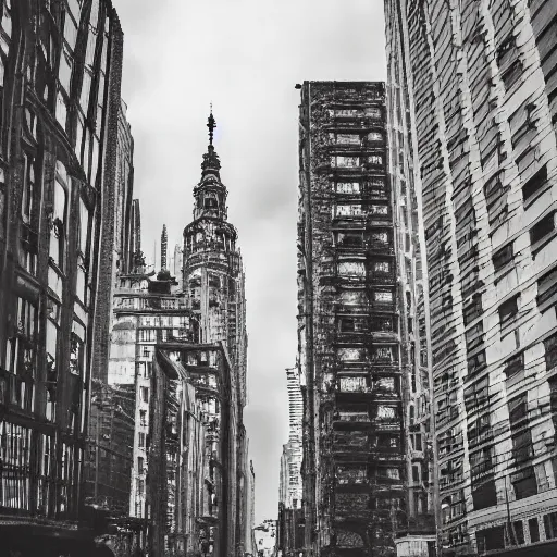 Image similar to Beautiful picture of an intricate very detailed cozy city on a cloudy day with tall buildings with small windows, high-quality photograph