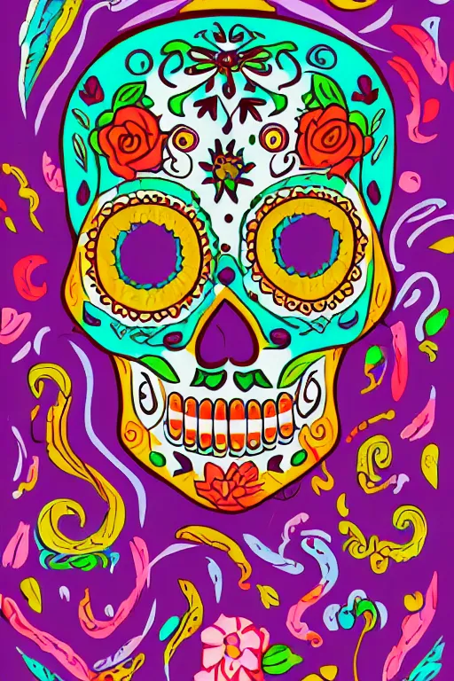 Prompt: illustration of a sugar skull day of the dead girl, art by meow wolf