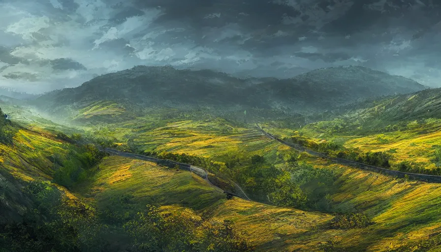 Prompt: panorama train line through valley, green hills, matte painting, artstation, sunrise, blue sky