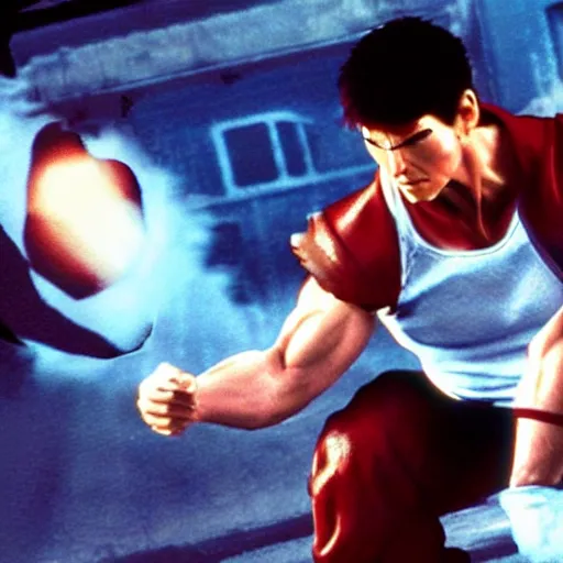 Prompt: Still of Tom Cruise as Ryu in Street Fighter throwing a Hadoken