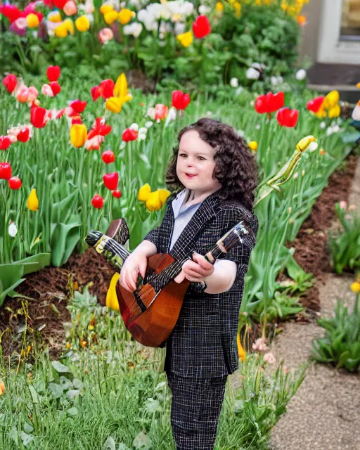 Prompt: tiny tim with long curly black hair wearing a plaid suit tiptoes thru the tulips holding his ukelele full portrait shot by mandy jurgens, wow, just had his hair did, can you beleive that haircut?, 4k,